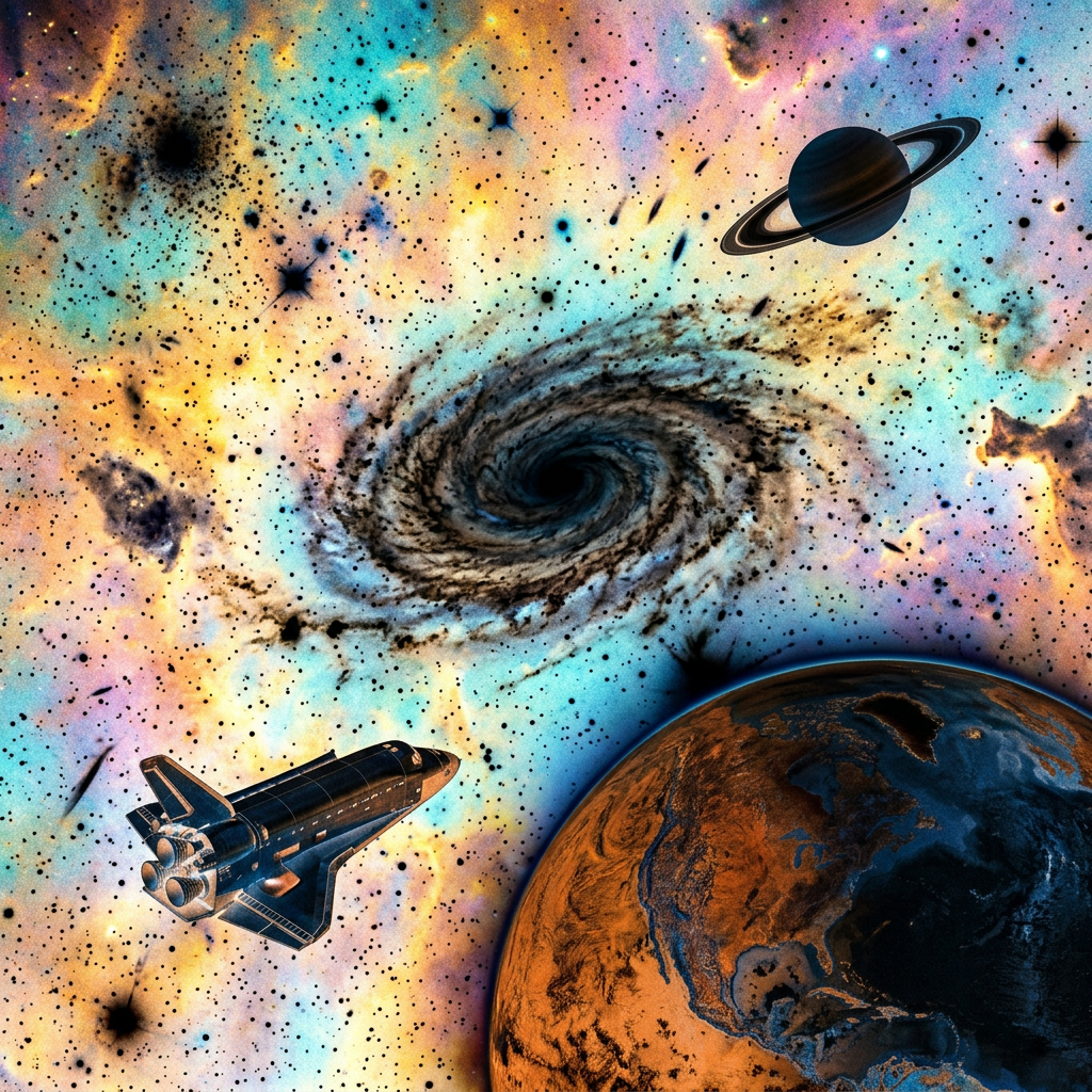 Space shuttle, ringed planet, black hole, and Earth in colorful space